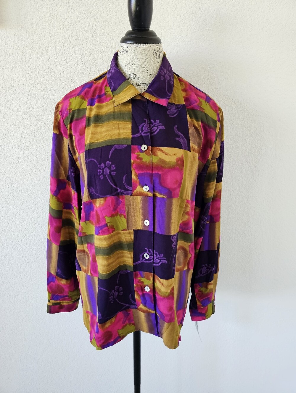 Vintage 90s Impressions Patchwork Blouse - Bold Abstract Floral Print - XL